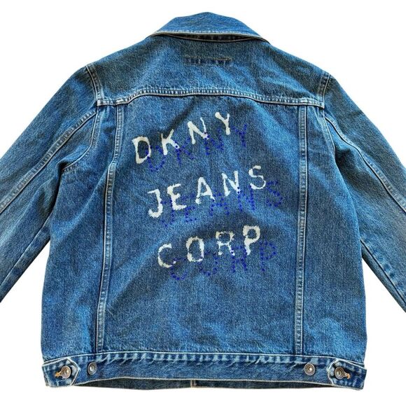 Vintage DKNY Denim Rhinestone Denim Jean Jacket Classic 90s Retro Boxy Size L - Picture 1 of 9